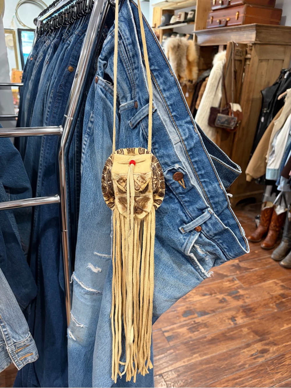 Boho Fringe Suede Crossbody Turtle Medicine Bag in Tan